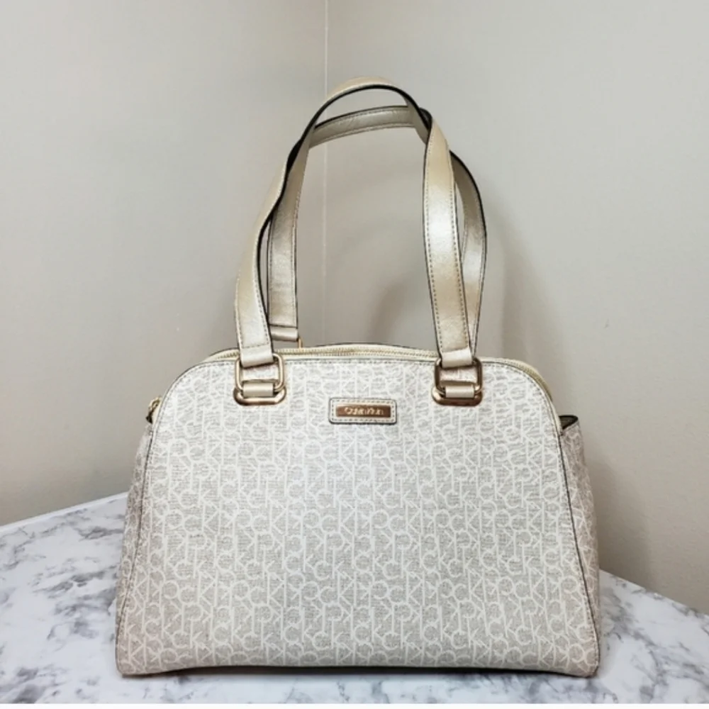Calvin Klein Large Almond Monogram Satchel - Like New | Metallic Gold & Cream